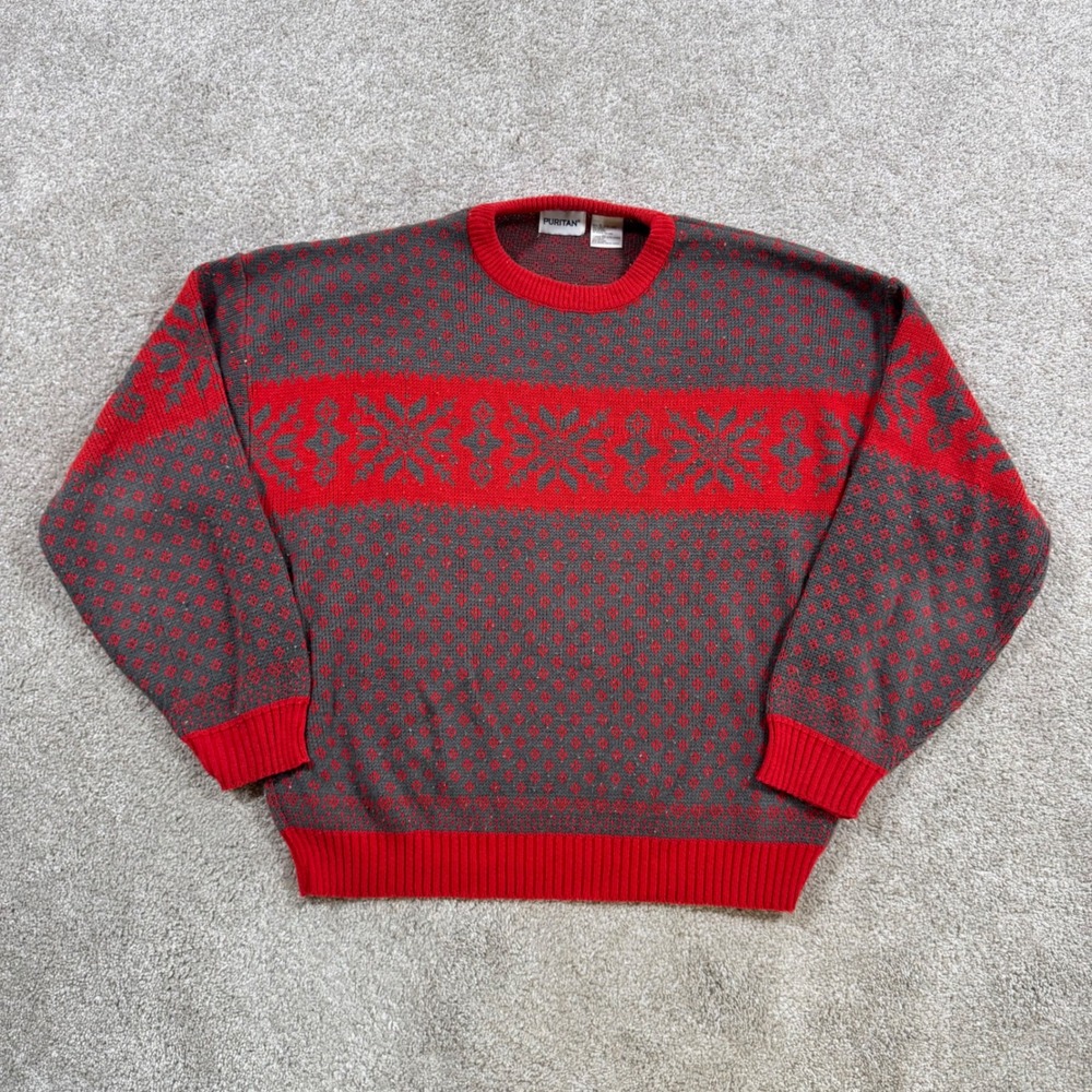 Puritan Mens XL Vintage Red Gray Snowflake Fair Isle Acrylic Crewneck Sweater